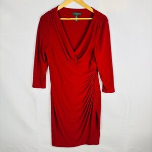 Lauren Ralph Lauren Womens 3/4 Sleeve Midi Dress Sz 14 Ruched Bodycon Stretch